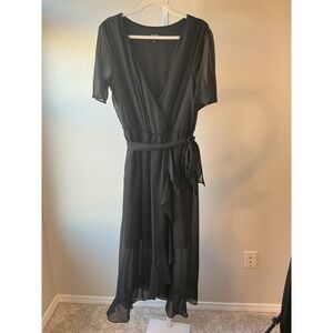 SLNY Black Midi Dress Size 12 Sheer Sleeve Wrap‎ Tie Waist Elegant